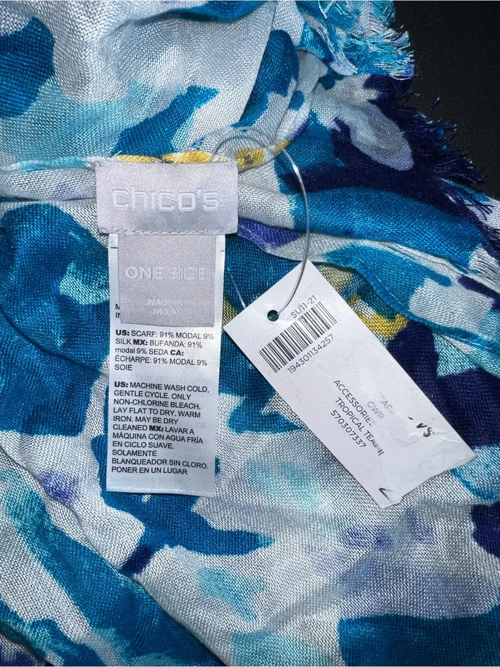 Chico's Blue Floral Lightweight Modal Silk Scarf Resortwear